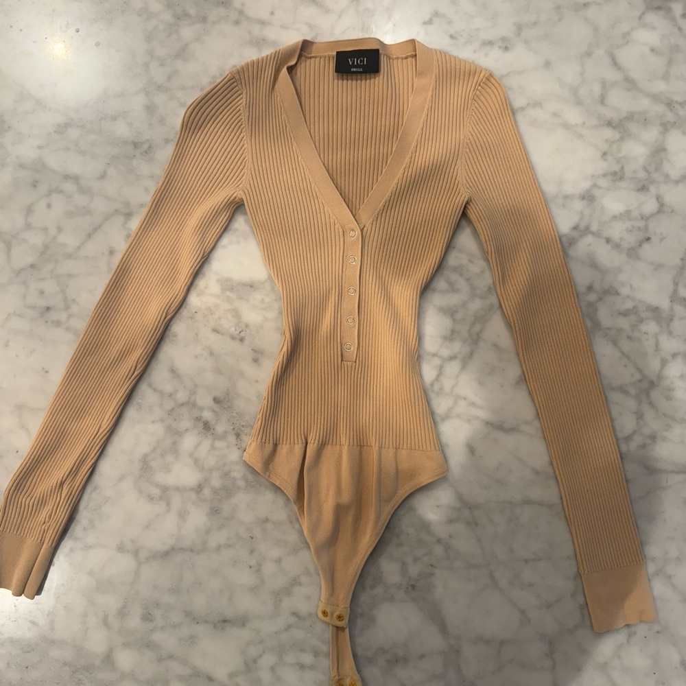 Vici Beige Ribbed Button-Up Bodysuit